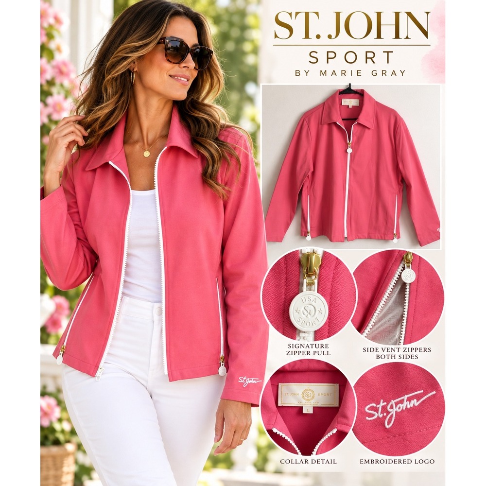 St John Sport Marie Gray Pink Zip Up Jacket Side Vents Women Large Made in USA